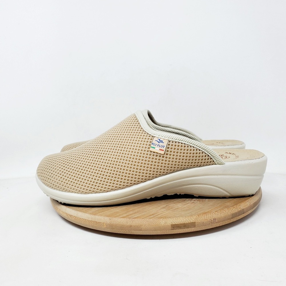 Fly Flot Shoes Womens 39 Mule Clog Slip On Tan Mesh Wedge Heel Slide Sandals